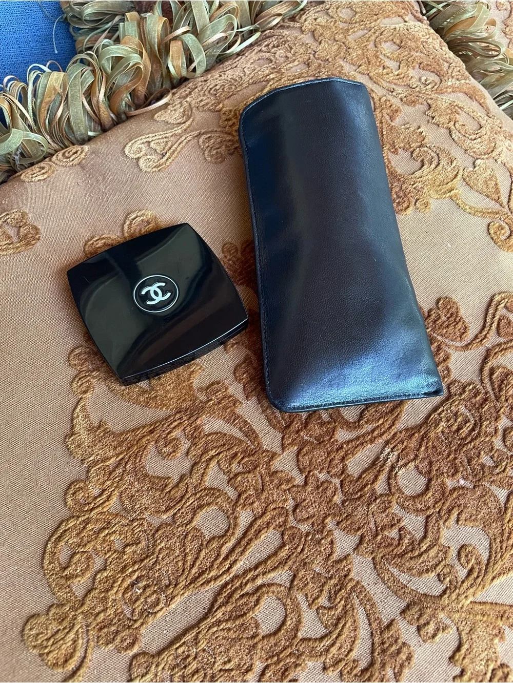 Chanel Black Leather Sunglasses Case with Logo, and Chanel mirror